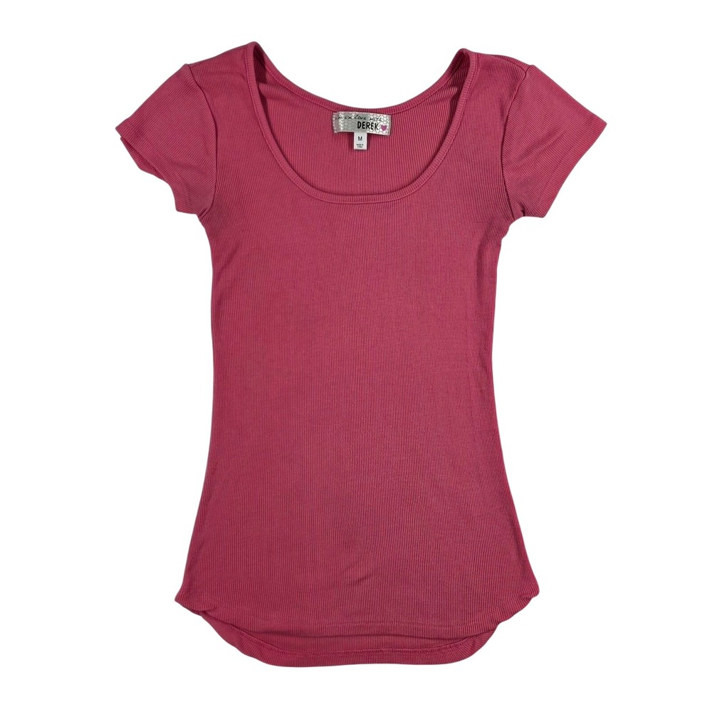 I'm In Love With Derek Women Pink Ribbed Scoop Neck Short Sleeve Top Size M